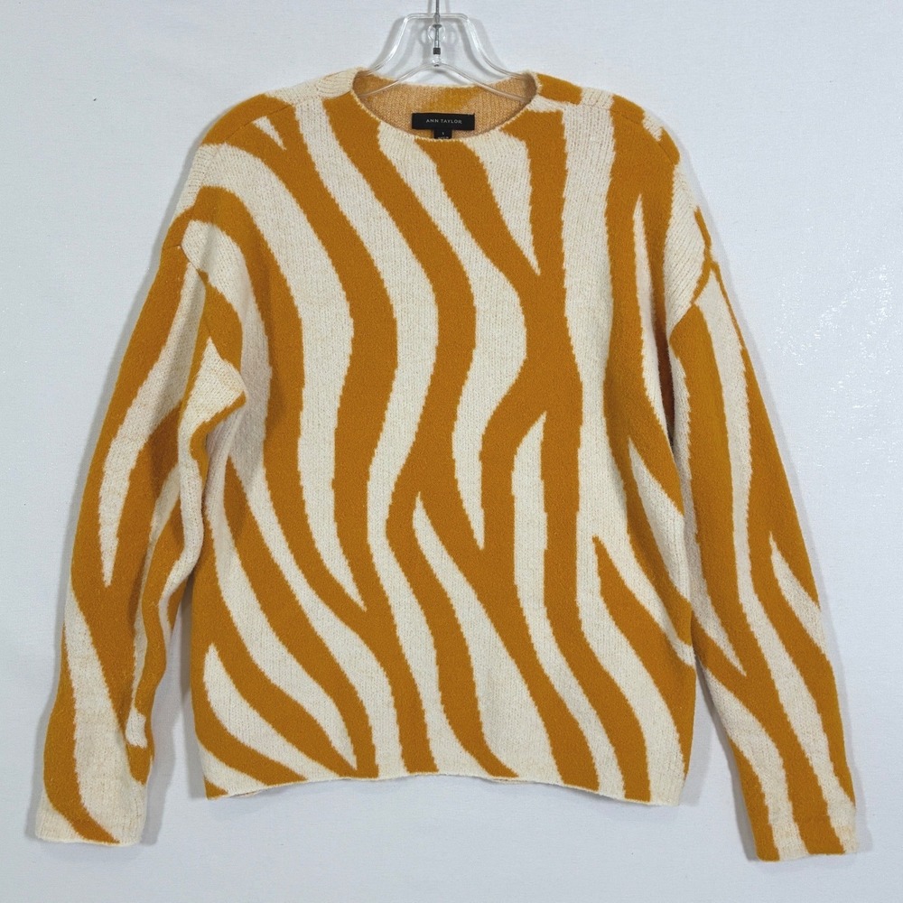 Ann Taylor Womens S Mustard Yellow Cream Zebra Print Fuzzy Crewneck Sweater